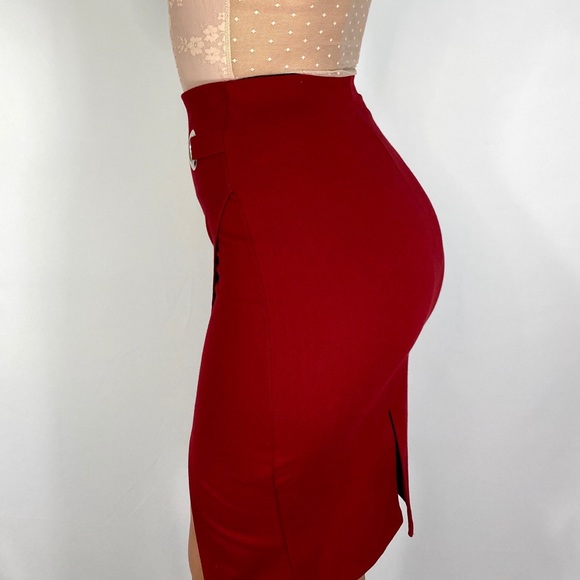 Pencil red stretchy midi Skirt w/slit - Picture 3 of 3